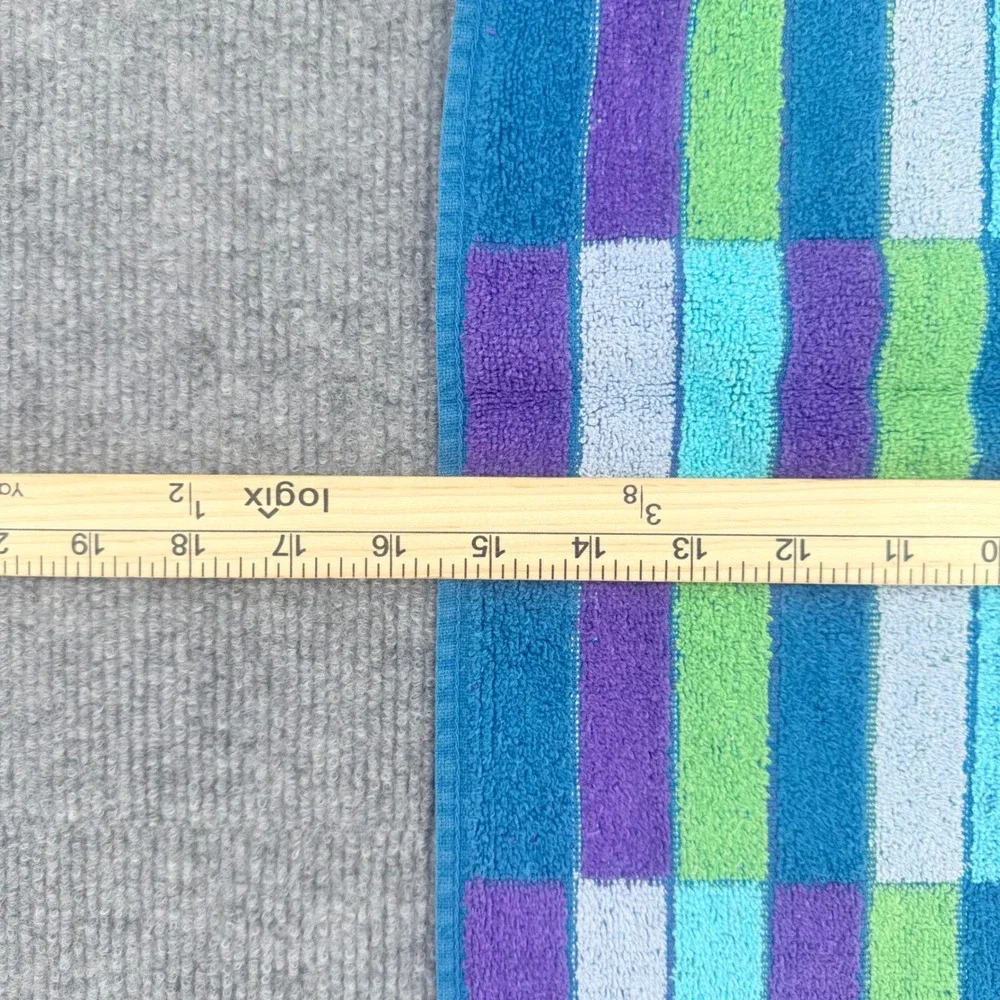 Vintage Sears Drylon 3 Piece Towel Set Blue Purple Green Geometric Fringe MCM